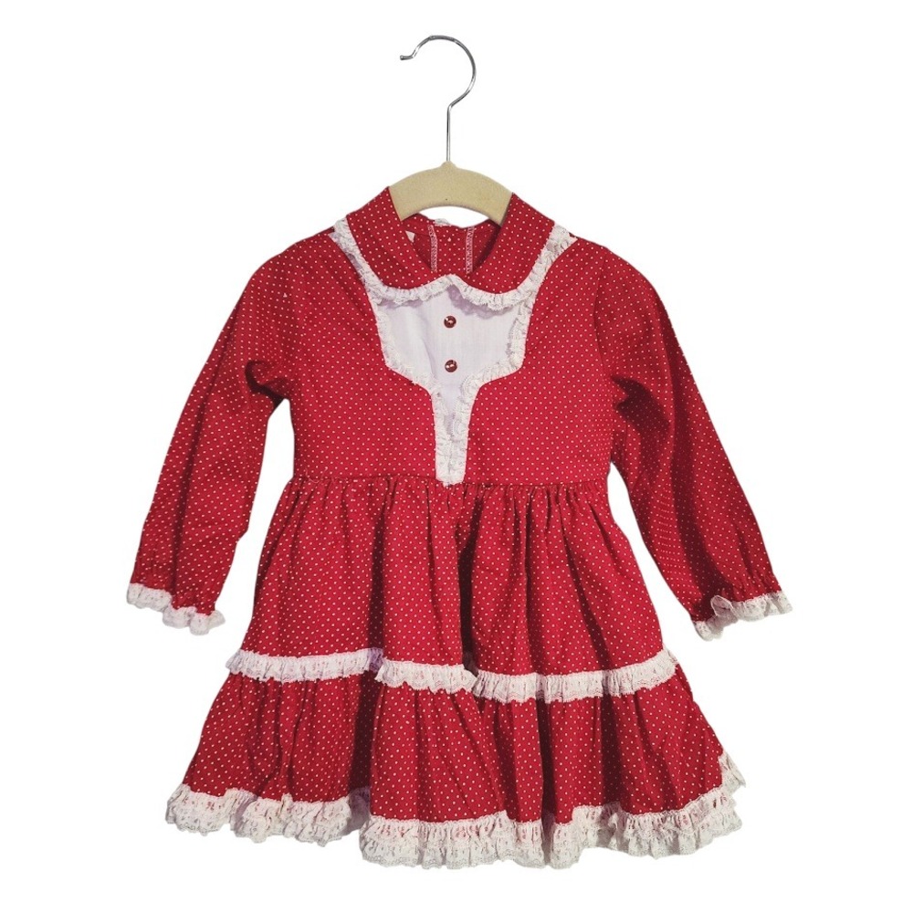 MINIWORLD Vintage Red Polka Dot Baby Dress‎ Lace Trim 2T Holiday Party dress
